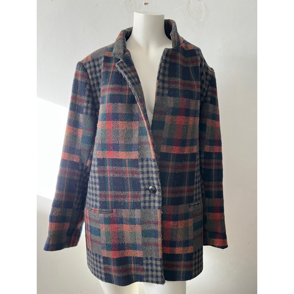 Plaid Wool Blend Pea Coat - Navy, Green & Rust